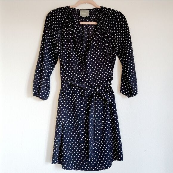 Anthropologie MaEve Preparation Polka-dot Button Down Belt Tie Dress Navy Small - Picture 2 of 9
